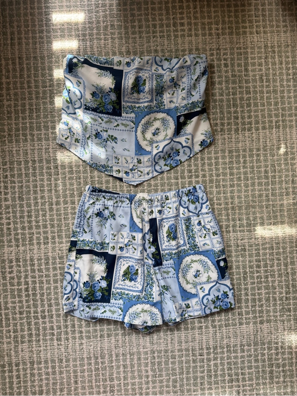 Abercrombie & Fitch Blue Floral Patchwork Strapless Top and Short Set